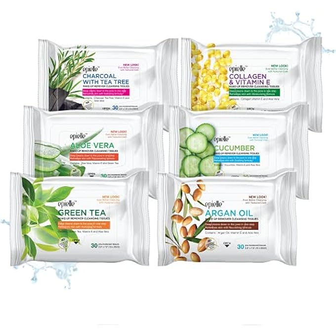 Epielle MAKEUP REMOVER WIPES, REMOVE WATERPROOF MASCARA, GENTLE DAILY FACIAL CLEANSER TOWELETTES WITH COLLAGEN, TEA TREE & ALOE VERA, STOCKING STUFFERS, 30 COUNT (PACK OF 6) - Image 1